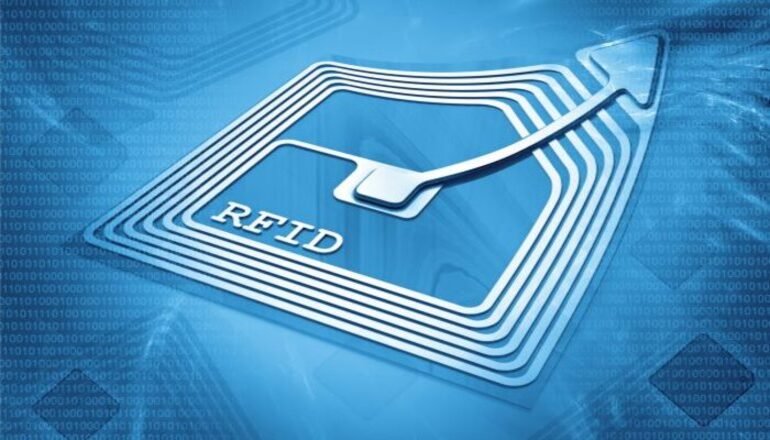 3D blue-toned graphic of an RFID inlay and microchip over a binary background, representing the core technology used in retail, healthcare, and logistics.