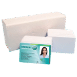 Stack of blank PVC plastic cards with sample printed ID card