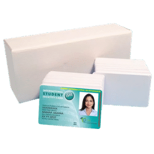 Stack of blank PVC plastic cards with sample printed ID card