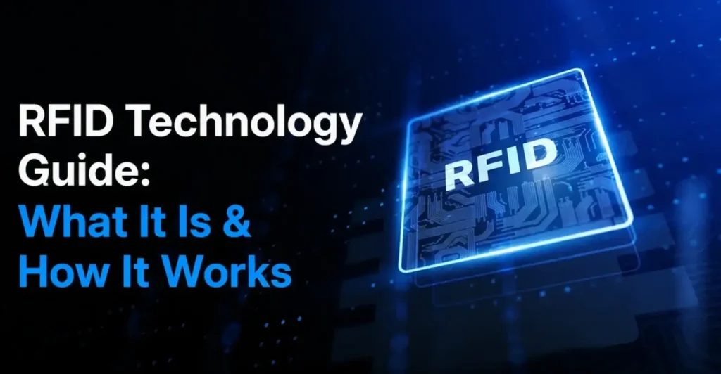 RFID Technology Guide: What It Is and How It Works — glowing blue RFID chip on circuit board representing Radio Frequency Identification technology
